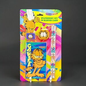 Vintage Garfield Stationery Set Blister Pack Memo Pad Pencils Erasers Paws NEW